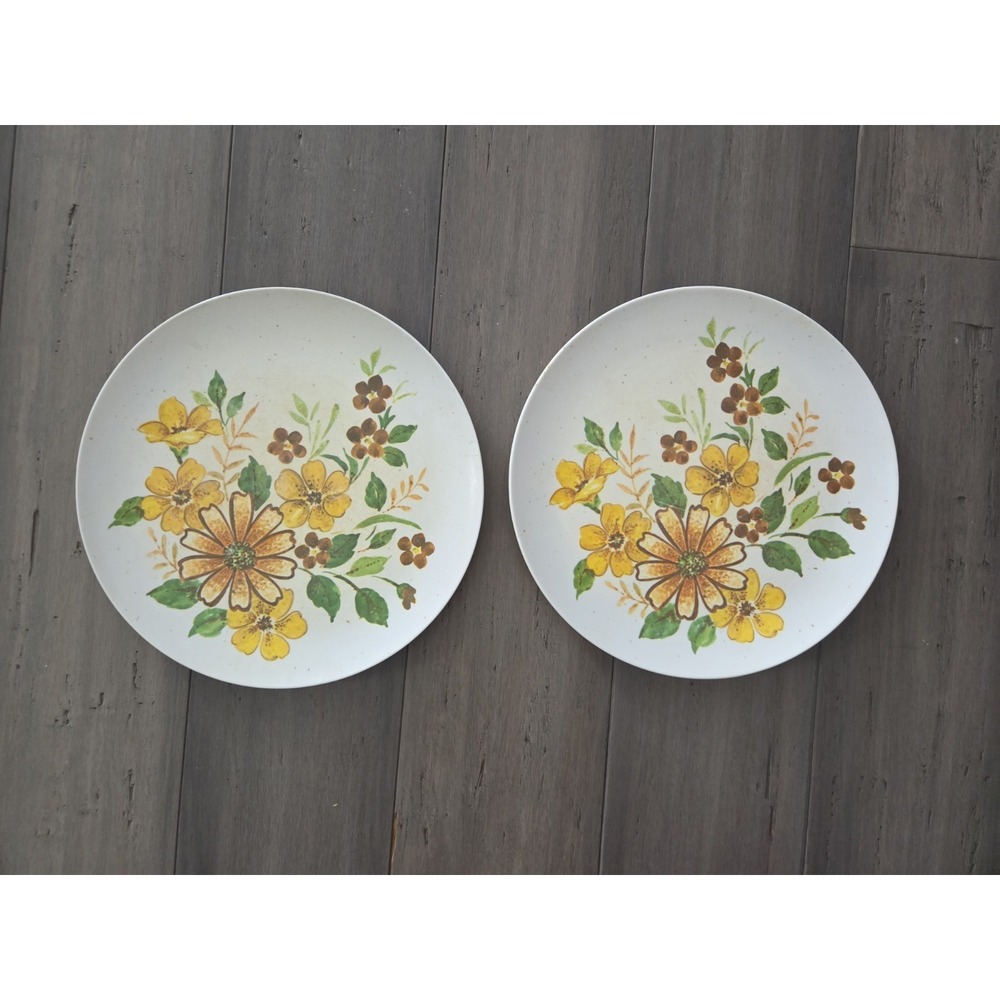 Set Of 2 Vtg Melamine Brown Yellow Orange Green Floral Melmac Dinner Plates 9.5"